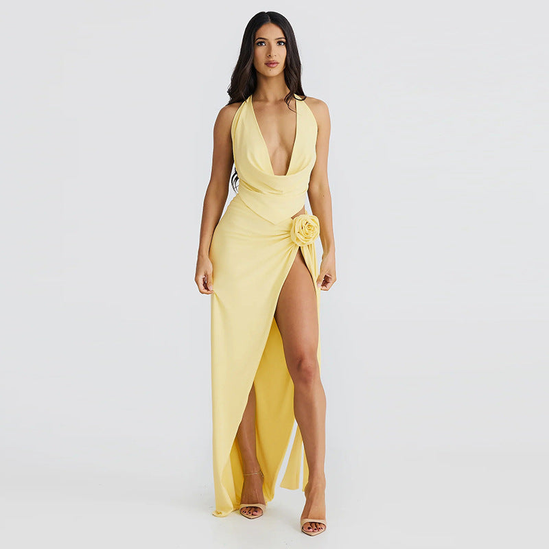 Summer Women Clothing Lace Up Backless Sexy Deep V Plunge Neck Halter Sling High Slit Mid Length Skirt Set