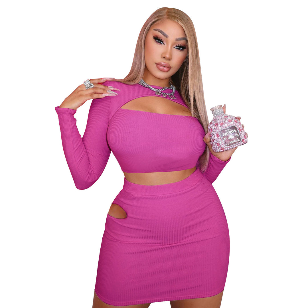 Spring Women Clothing Sexy Hollow Out Cutout Tight Skirt Long Sleeve T shirt Suit