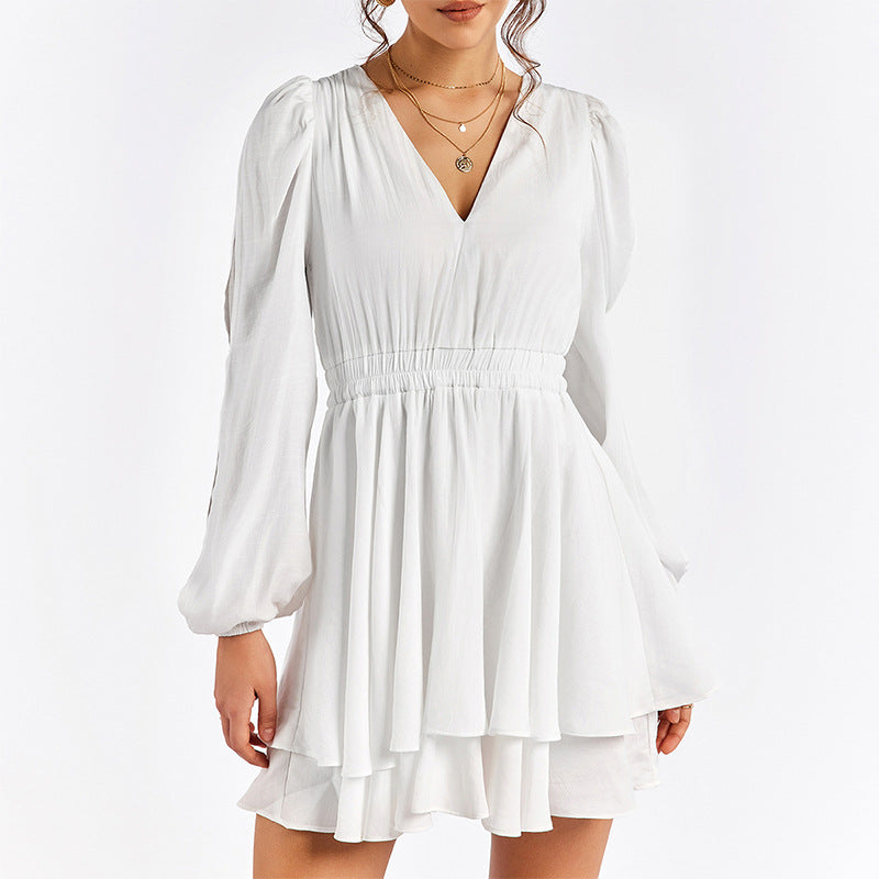 Double Layer Short Dress Sexy off Arm V neck Long Sleeve Pleated A line Dress