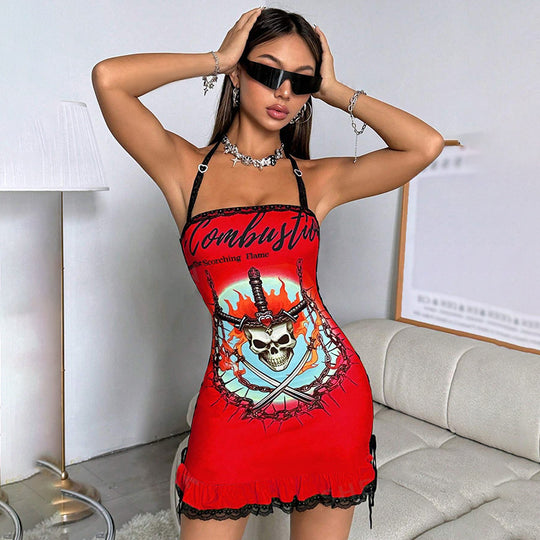 Women Clothing 3D Three Dimensional Pattern Printing Self Tie Lace Lace Halter Dress