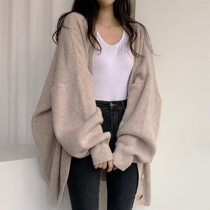 Autumn Women Clothing Sweater Coat Breasted Loose Lazy Long Lantern Sleeve Knitted Cardigan