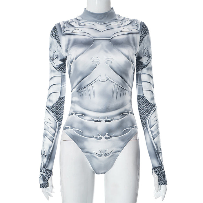Women Clothing Sexy Mechanical Body Print Half Turtleneck Tight Long Sleeve Jumpsuit