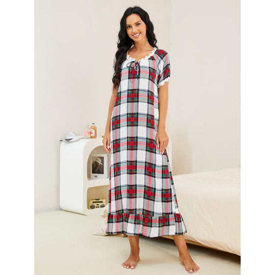 Spring Autumn Plaid Short-Sleeved Nightdress Women Wear outside One Piece Homewear Clothing Night Dress