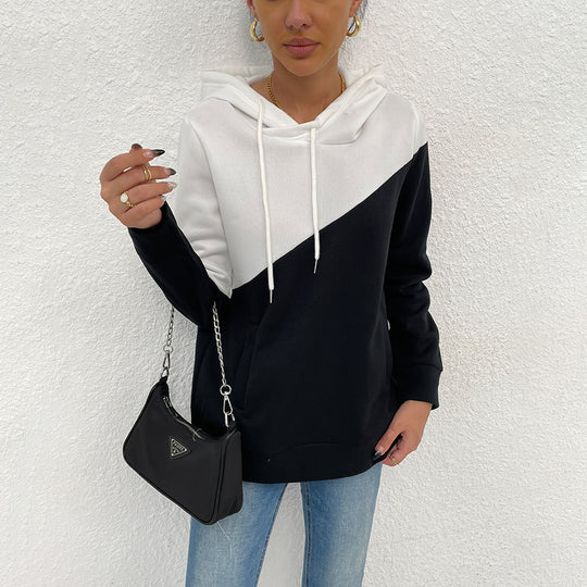 Spring Autumn Women Clothing round Neck Long Sleeve Black White Stitching Hooded Pullover Tops Sweater