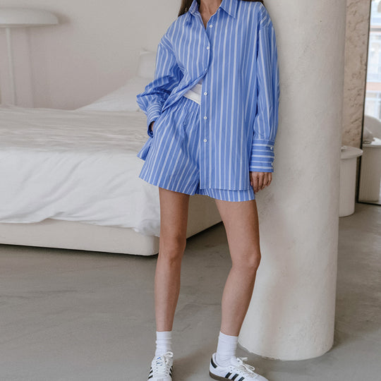 Blue Color Striped Collared Long Sleeved Pants Suit Summer Women   Clothing Two Piece Suit