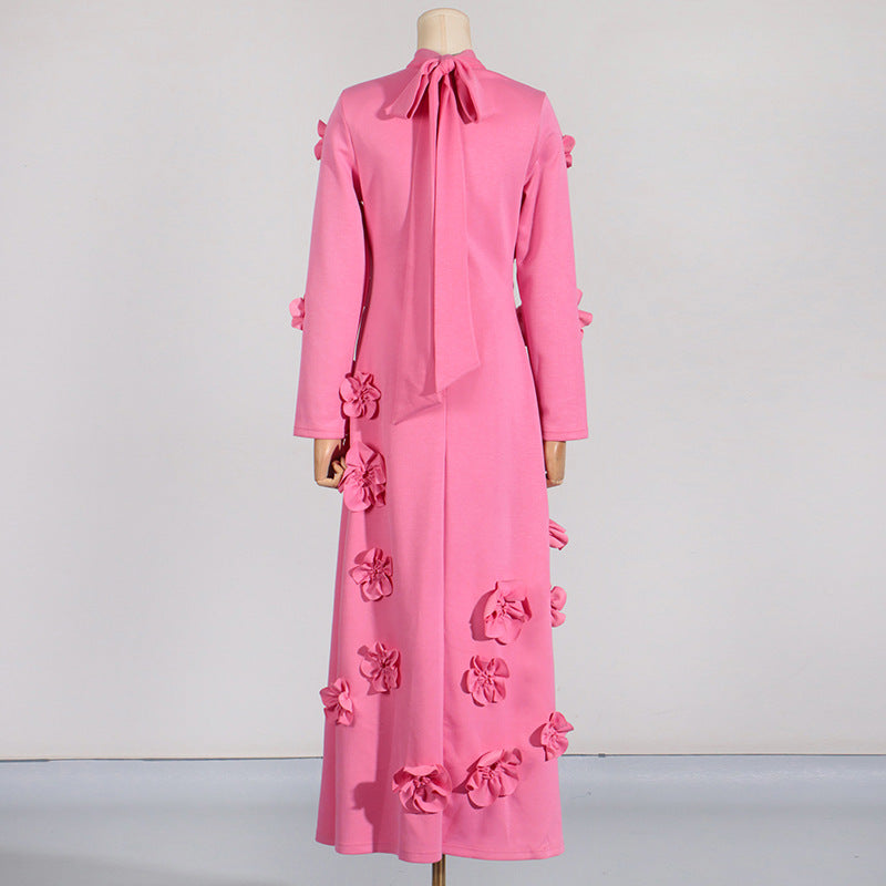 French Floral Stitching Dress Summer High Grade Vacation Stand Collar Long Sleeve Three Dimensional Long Dress