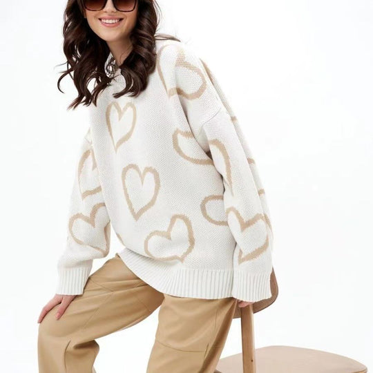 Winter Round Neck Love Contrast Color Sweater Loose Pullover Sweater