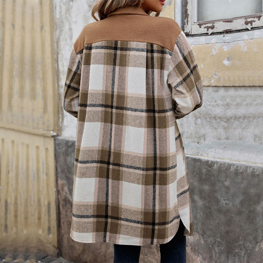 Autumn Winter Women Brushed Plaid Long Coat for Women