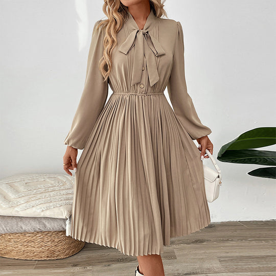 Autumn Bow Collar Lace Up Solid Color Buckle Pleated Dress