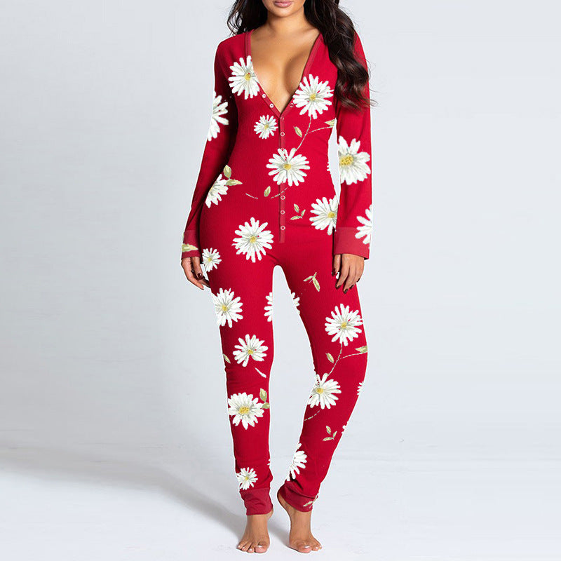 Jumpsuit Printed Button Functional Button Flip Adult Pajamas