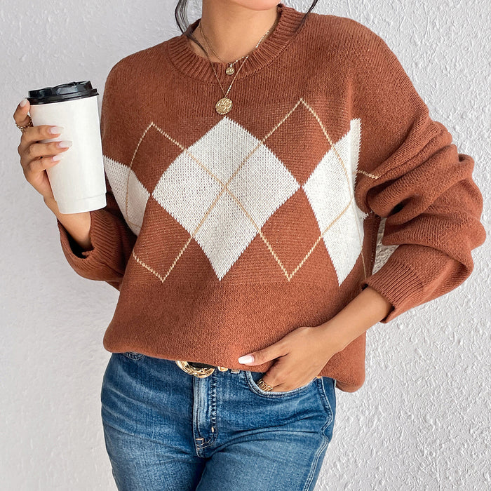 Autumn Winter Simple Color Contrast Patchwork Diamond Lattice Pullover Knitted Sweater