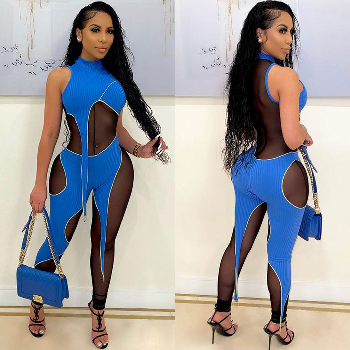 Women Clothing Night Club Mesh Stitching Hollow Out Cutout out See through Sexy Tight Jumpsuit