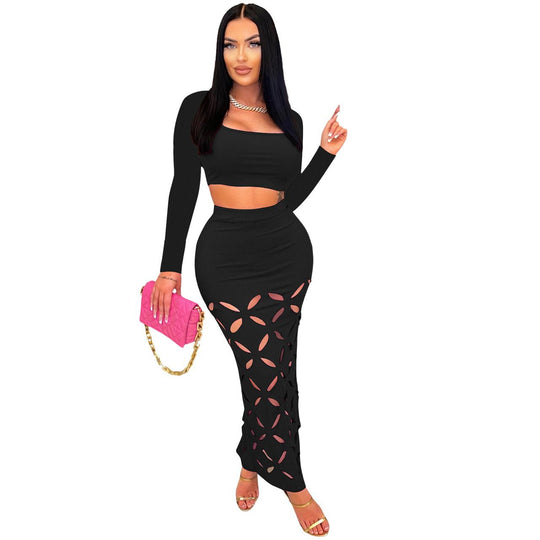 Women Clothing Thread Burning Square Collar High Waist Slim Fit Hollow Out Cutout Sexy Set