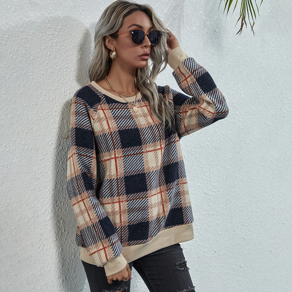 Spring Autumn Women Clothing round Neck Pullover Plaid Casual Women Sweater Fleece Shirt