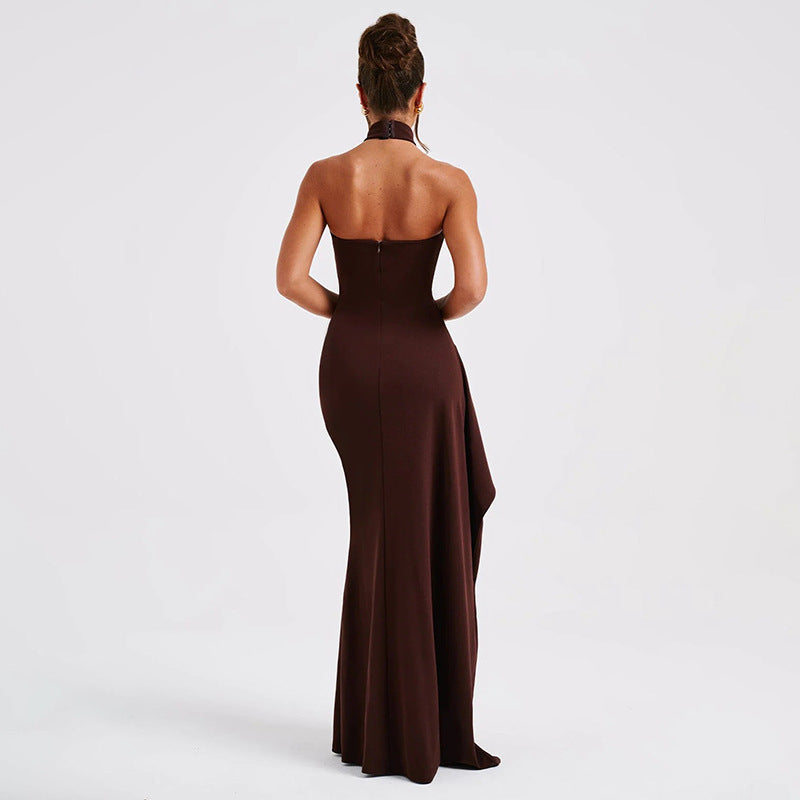 Spring Summer Halter round Neck Dress Women Sexy Tight Backless High Slit Dress