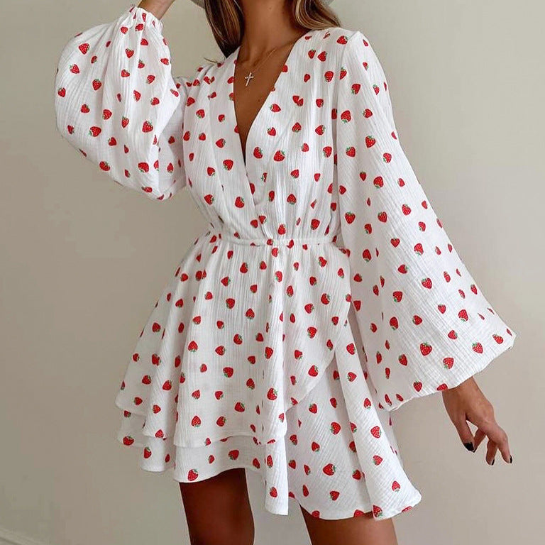 Autumn Strawberry Printing A Long Sleeve Cotton Linen Crepe V neck Lantern Sleeve Dress Women