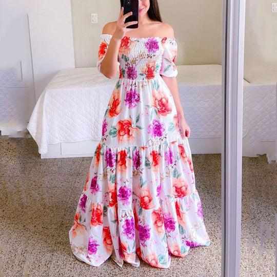 Spring Summer Women Clothing Dress off Shoulder Floral off Shoulder Long Printed Dress