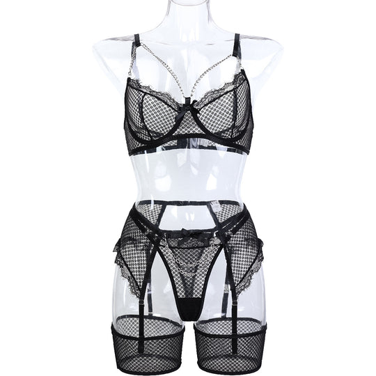 Sexy Girl Underwear Sexy Mesh Stitching Lace Eyelash Metal Chain Four Piece Set