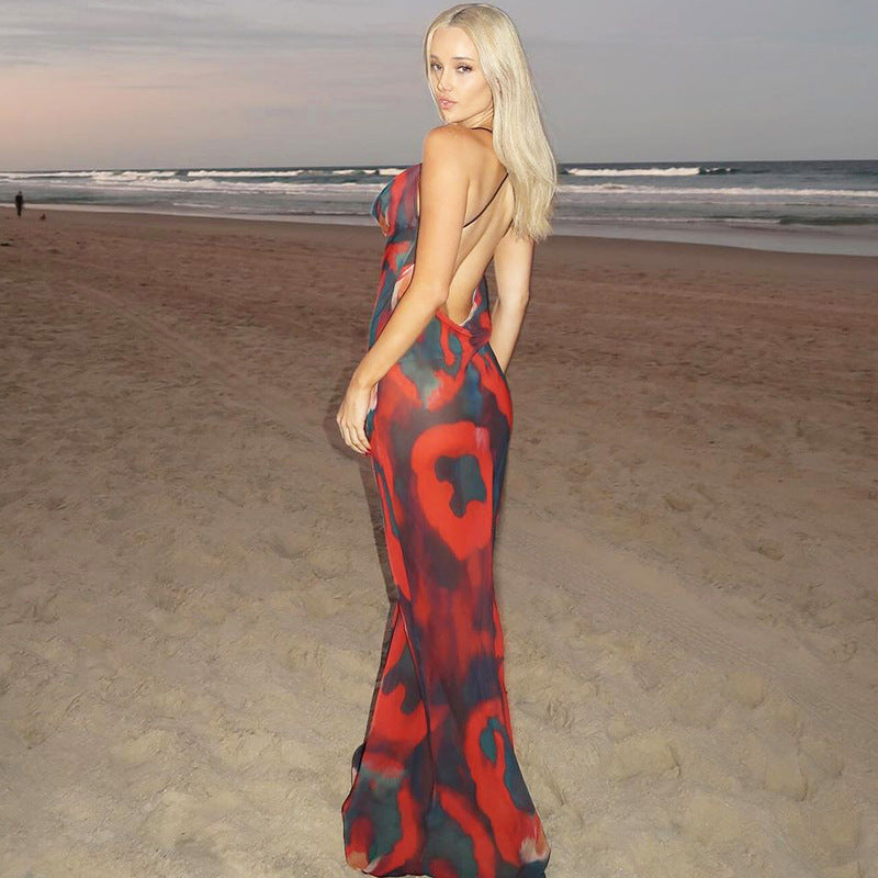 Women Clothing Summer Printed V Neck Maxi Dress Sexy Backless Dress