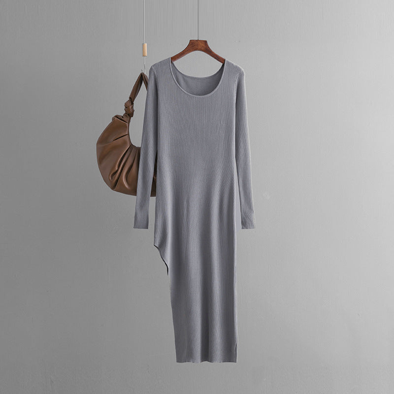 Knitted Dress Autumn Solid Color Slim Fit Slit Long Tight Bottoming Hip Dress