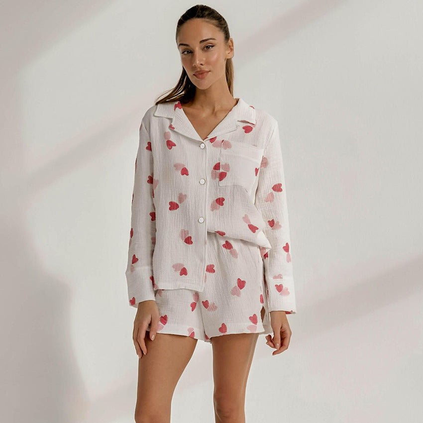 Heart Printing Sweet Crepe Cotton Pajamas Women Long Sleeved Shorts Set Summer Loungewear