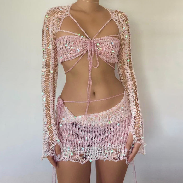 Sexy Cutout Sequ Lace Up Tube Top More Matching Gauze Skirt Set