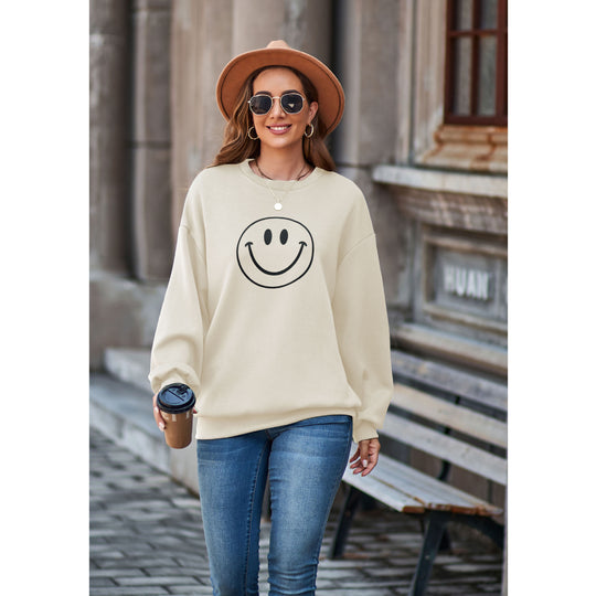 Autumn Winter Smiley Sweatshirt Round Neck Drop Shoulder Loose Pullover