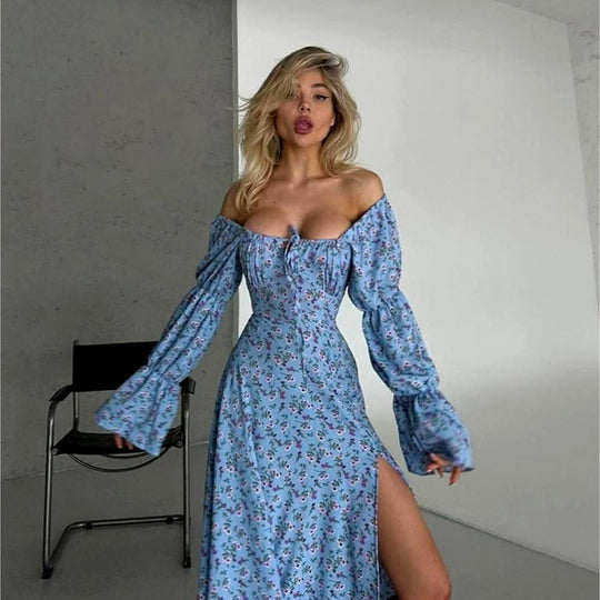 Autumn Sexy Floral Printing Long Sleeve Split Dress Women