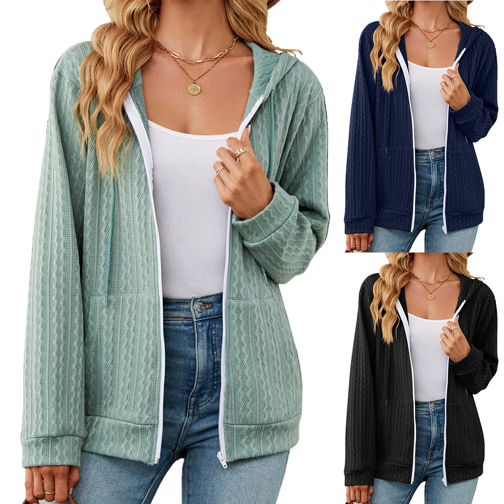 Autumn Winter Solid Color Long Sleeve Hooded Loose Zip Coat Sweatshirt Women