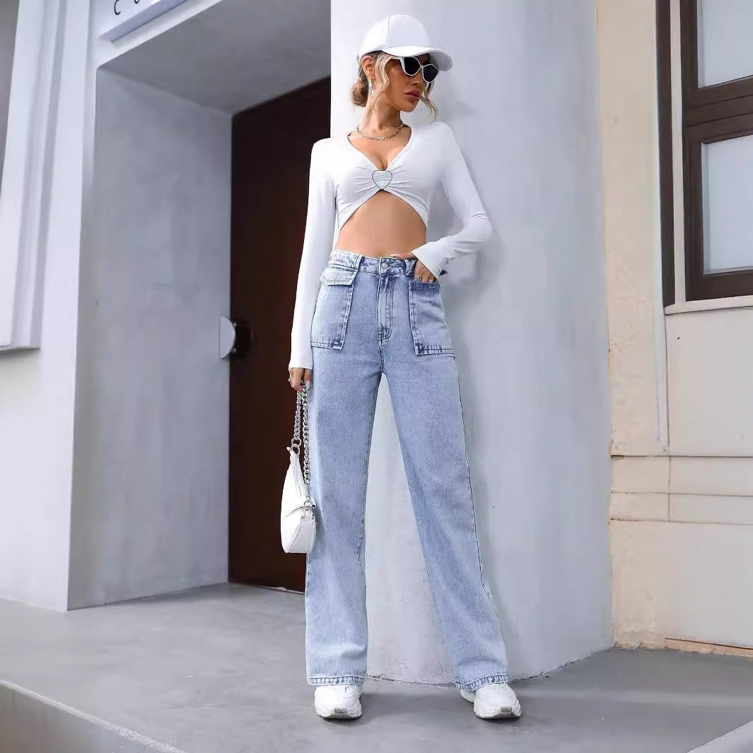 Women Clothing Straight Pocket High Waist Denim Trousers