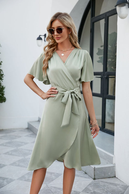 Summer Women Clothing Satin V neck Fitted Waist Flare Sleeve Comfortable Sexy Dress