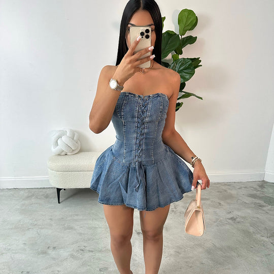 Dress Stretch Denim Women Zipper Lace up Bandeau Sexy See through Bra Straps Short Flounced Dress