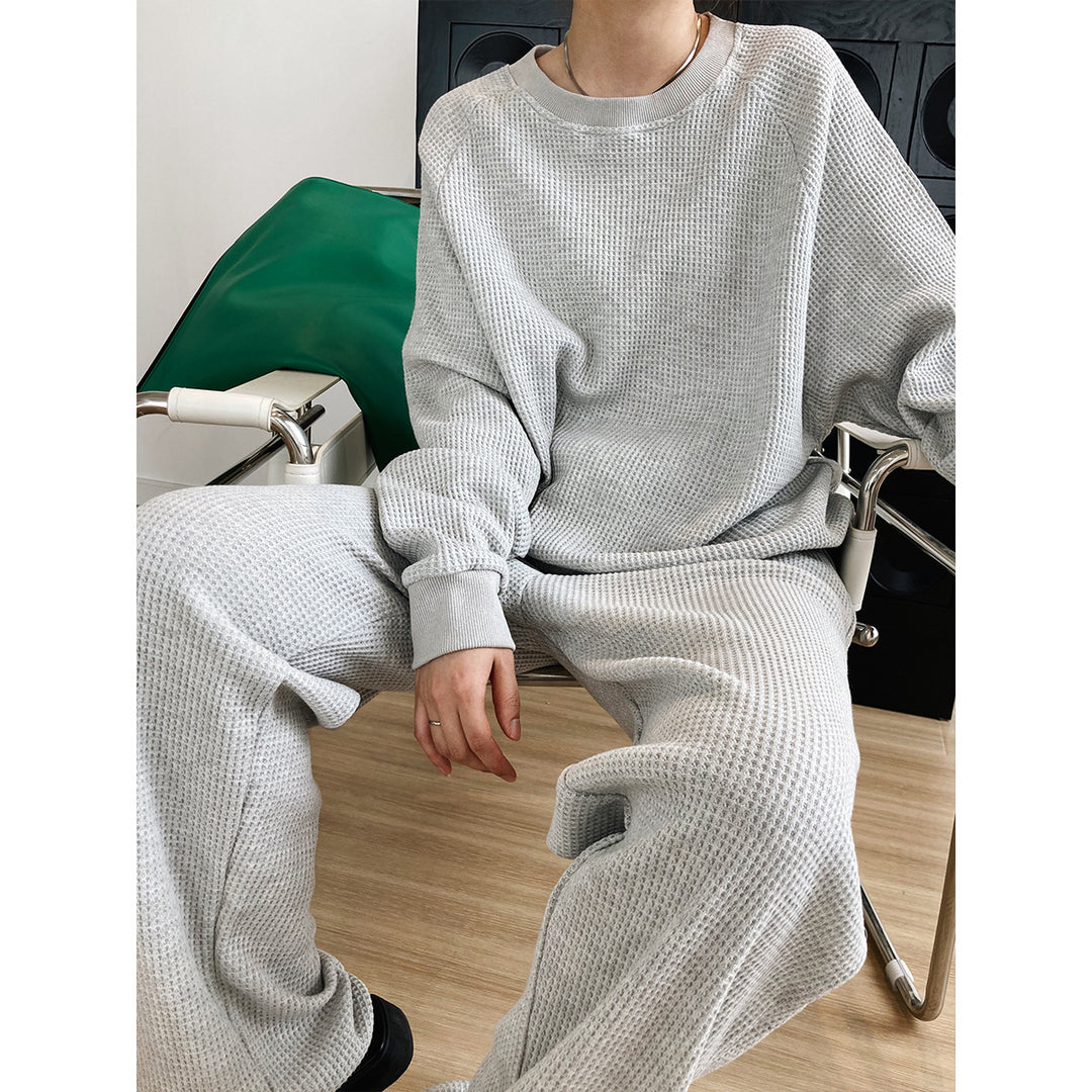 Korean-Style Long-Sleeved Waffle Sweater Ankle-Tied Sweatpants Two-Piece Suit Casual Exercise Women