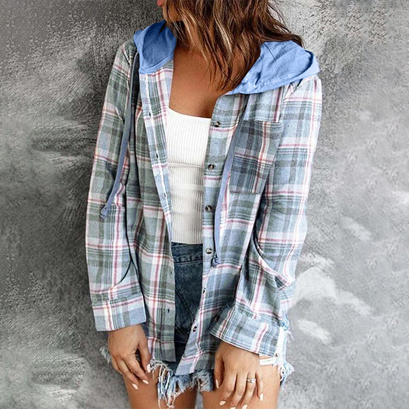 Autumn Winter Women Clothing Hooded Single-Breasted Plaid Women Shacket Jacket