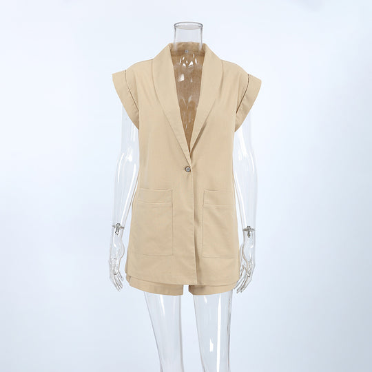 Summer Sleeveless Pocket Cardigan Shorts Two Piece Suit Suitable Daily Wear Linen Home Wear Women