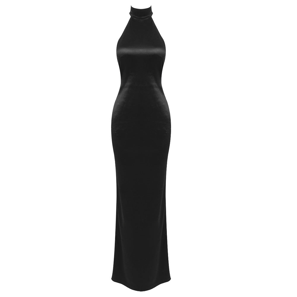 Women Clothing Halter Silk Satin Texture Backless Slim Fit Dress