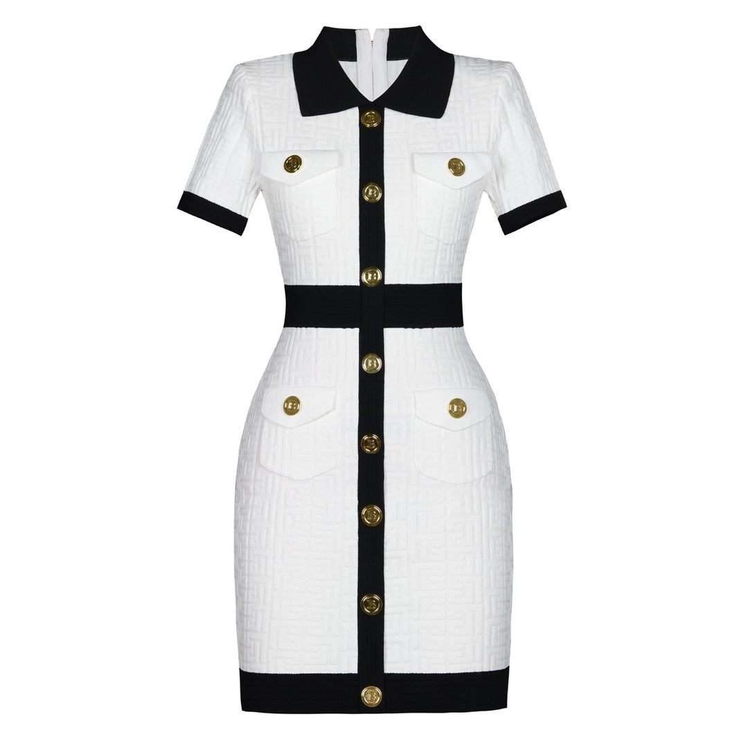 Summer Collared Dress Swastika Pattern Cinched Slimming Short Sleeves Knitted Dress Women