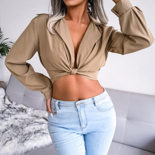Suit Collar Knotted Shirt Cropped Top Women Clothing Spring Summer