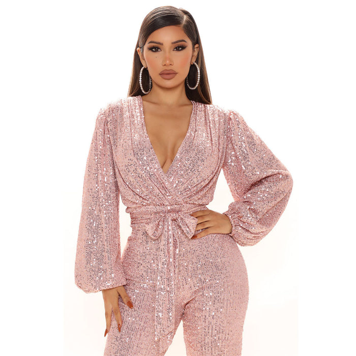 Women Clothing Sexy V-neck Sequined One-Piece Wide Leg One-Piece Trousers