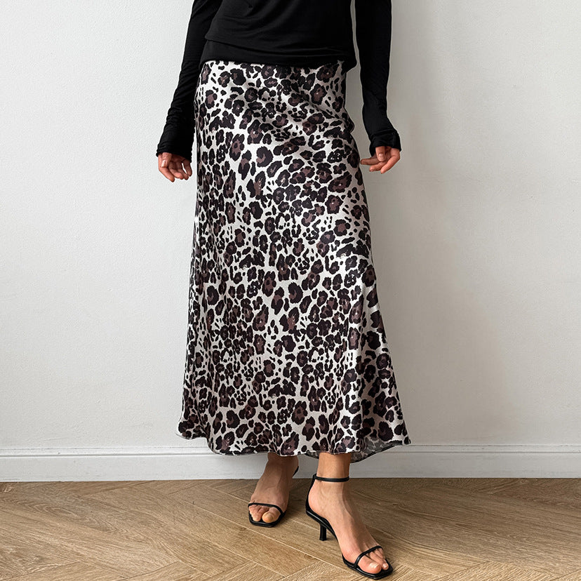 Leopard Print Satin A Swing Skirt Autumn Arrival All Match Long Skirt for Women