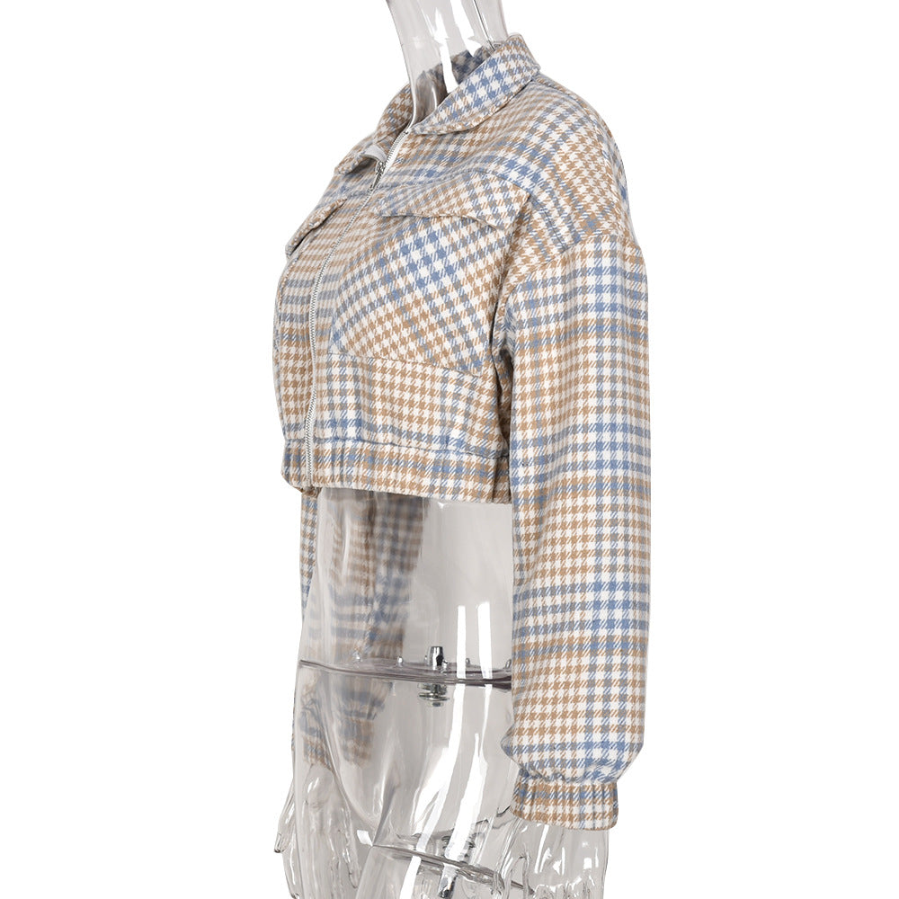 Coat Short Bare Cropped Slim Fit Plaid Shacket Collar Long Sleeve Blouse