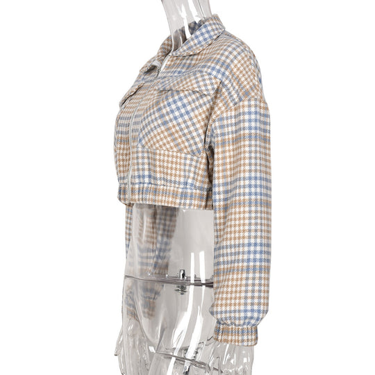 Coat Short Bare Cropped Slim Fit Plaid Shacket Collar Long Sleeve Blouse