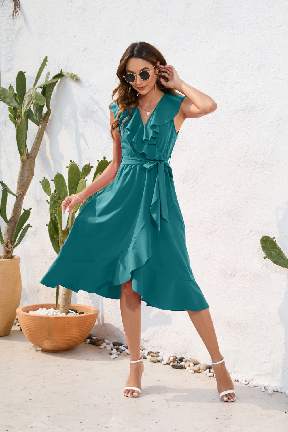 Women Clothing Waist Tight Sexy V neck Dress Casual Vacation Travel Solid Color Dress Sleeveless Split