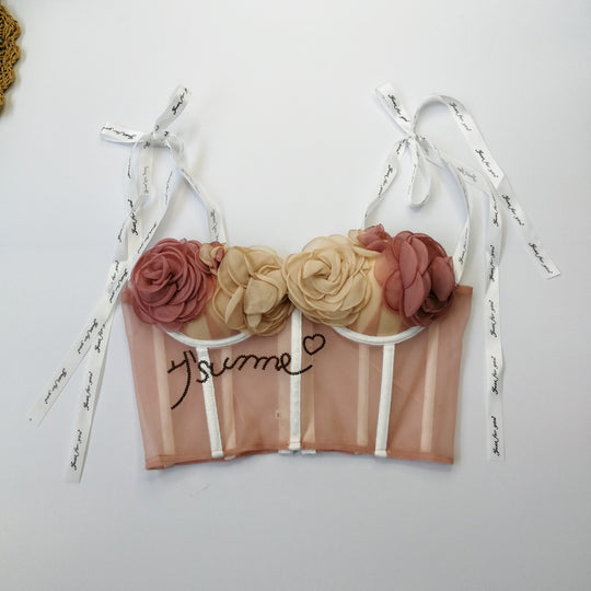 Sexy Lingerie with Chest Pad Short See-through Sling Apron Cropped Sexy Lace-up Girl Cute Floral Tube Top