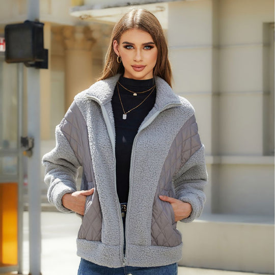 Women Clothing Autumn Winter Long Sleeve Cardigan Zipper Plush Stitching Women Coat