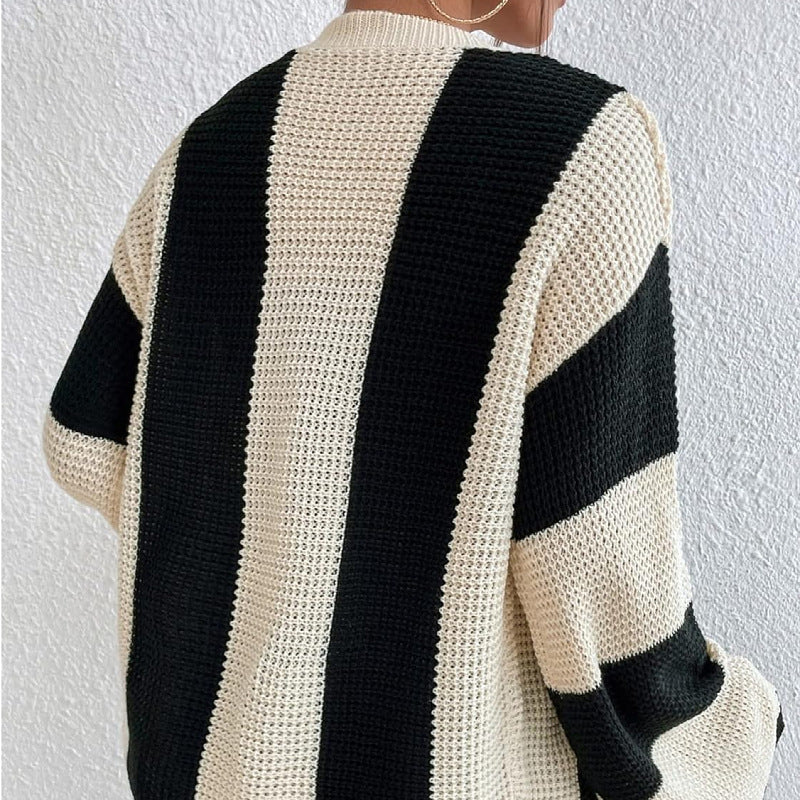 Top Product Autumn Winter Women Striped Contrast Color Bell Sleeve Knitted Cardigan Loose Sweater Coat Women