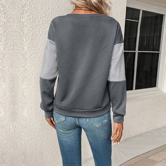 Women Clothing Autumn Long Sleeve Color Matching Round Neck Pullover Women