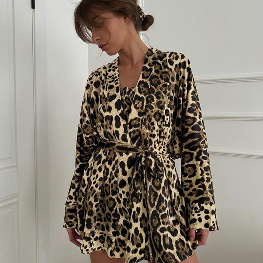 Summer Arrival Polyester Leopard Print Sexy Long Sleeve Tube Top Shorts Three Piece Set Loose Casual Homewear