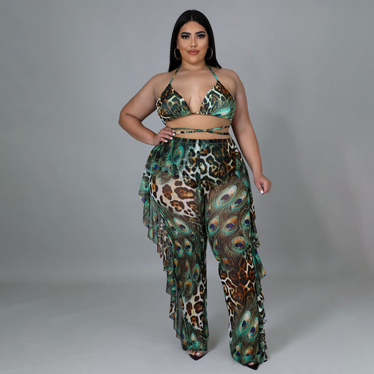 Summer Beach Sexy Special Printed Swimsuit Mesh Three Piece Set