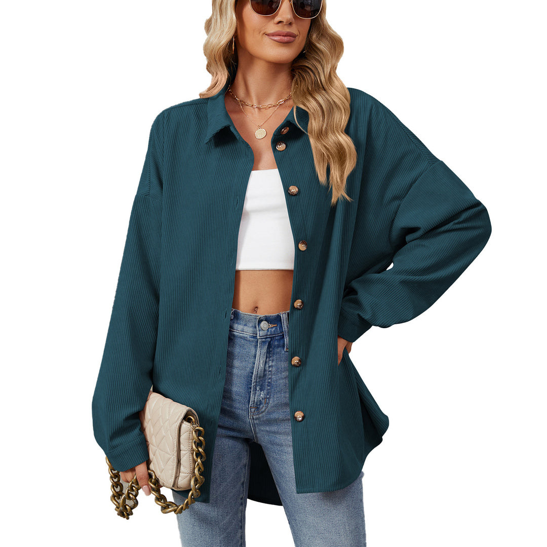 Autumn Winter Solid Color Polo Collar Button Long Sleeve Loose Fitting Shacket for Women